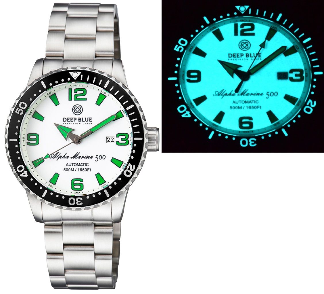 Deep Blue Pro Alpha Marine 500m 44mm Black-White Full White-Green Lume